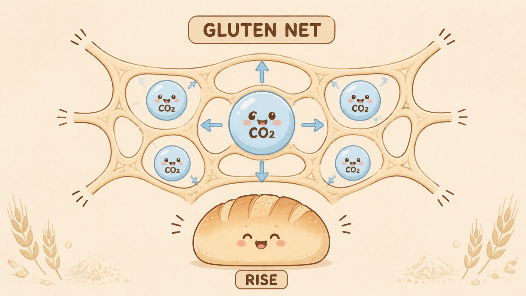 A gluten network trapping carbon dioxide so dough can rise