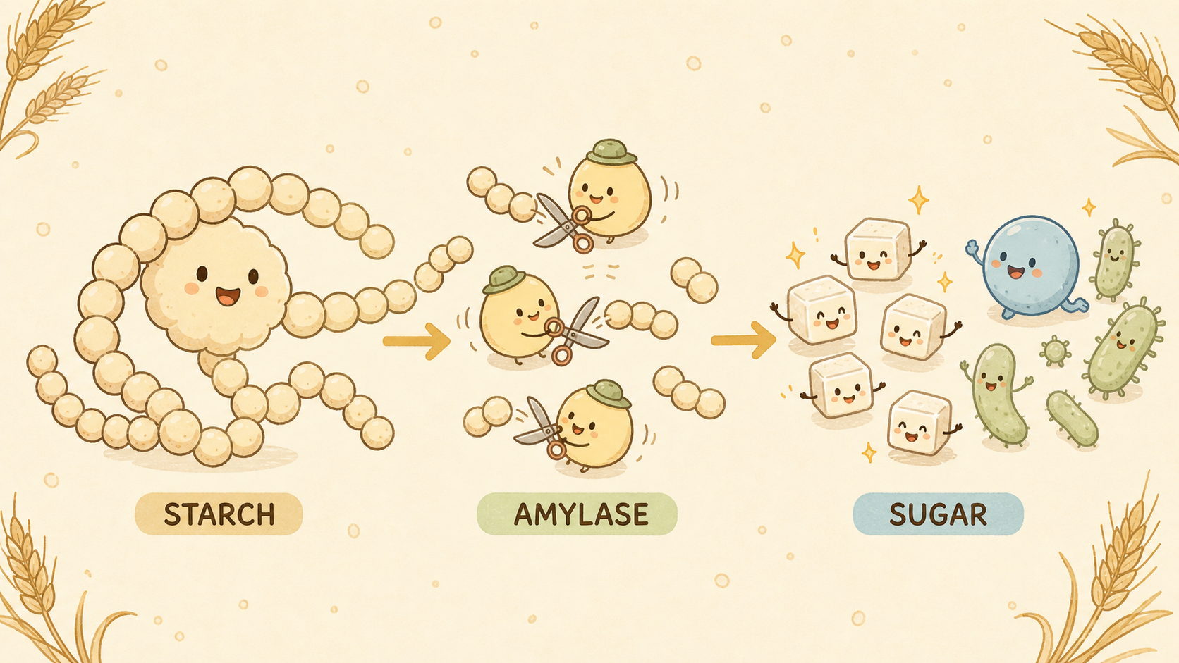 Amylase breaks starch into sugars for starter microbes