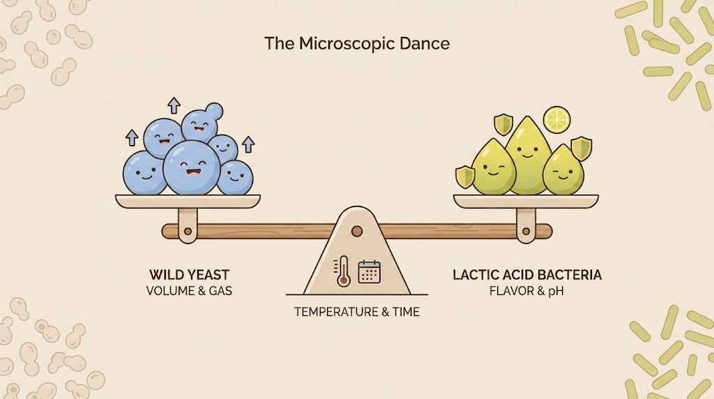 Wild yeast and lactic acid bacteria on a balance scale